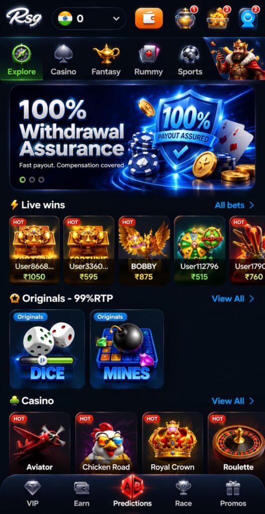 RS9 APK disclaimer page with legal notice and responsible gaming information.